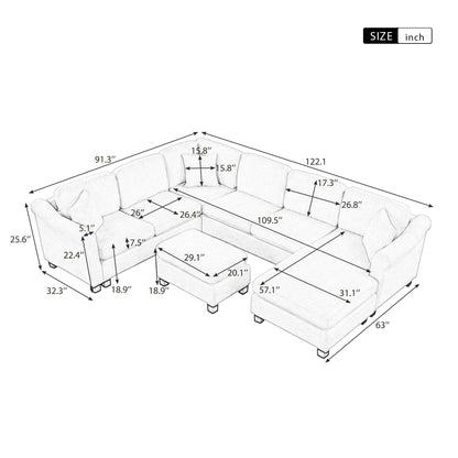 122.1" *91.3" 4pcs Sectional Sofa with Ottoman with Right Side Chaise velvet fabric White