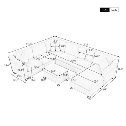 122.1" *91.3" 4pcs Sectional Sofa with Ottoman with Right Side Chaise velvet fabric White