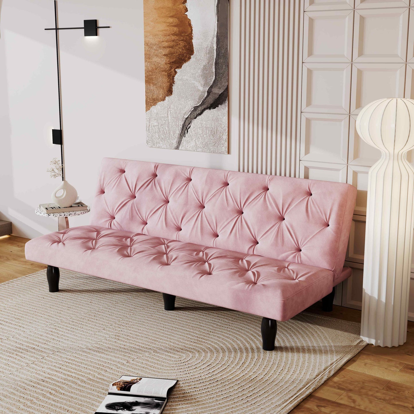 2534B Sofa converts into sofa bed 66" pink velvet sofa bed suitable for family living room, apartment, bedroom