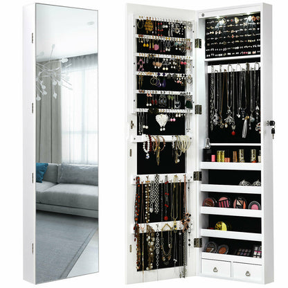 Wall and Door Mounted Mirrored Jewelry Cabinet with Lights-White - Color: White