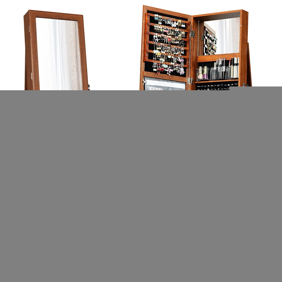 360? Rotatable 2-in-1 Lockable Jewelry Cabinet with Full-Length Mirror-Brown - Color: Brown