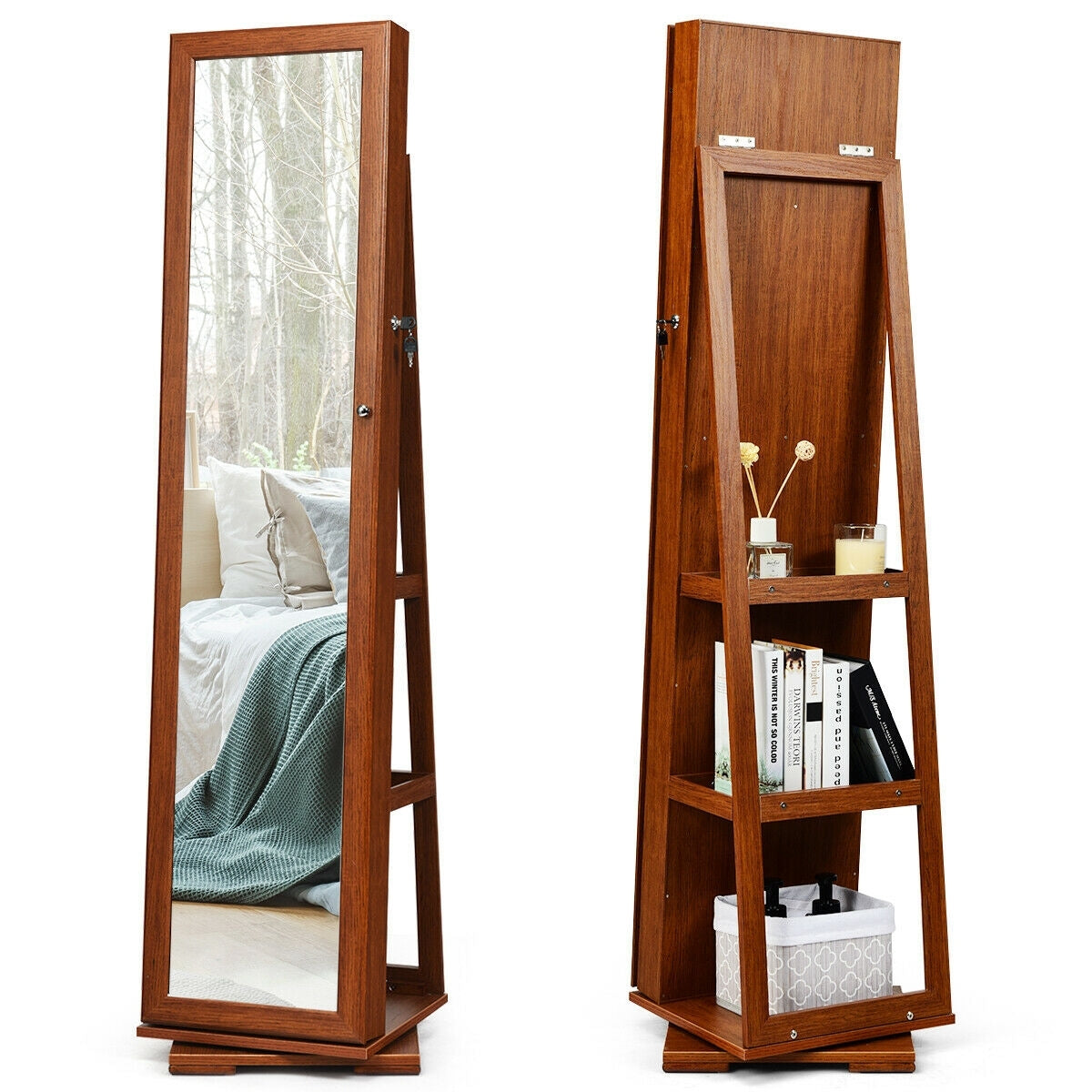 360? Rotatable 2-in-1 Lockable Jewelry Cabinet with Full-Length Mirror-Brown - Color: Brown