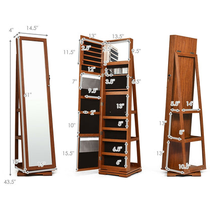 360? Rotatable 2-in-1 Lockable Jewelry Cabinet with Full-Length Mirror-Brown - Color: Brown