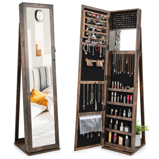 Standing Lockable Jewelry Storage Organizer with Full-Length Mirror-Brown - Color: Brown