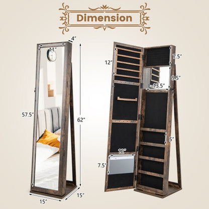 Standing Lockable Jewelry Storage Organizer with Full-Length Mirror-Brown - Color: Brown