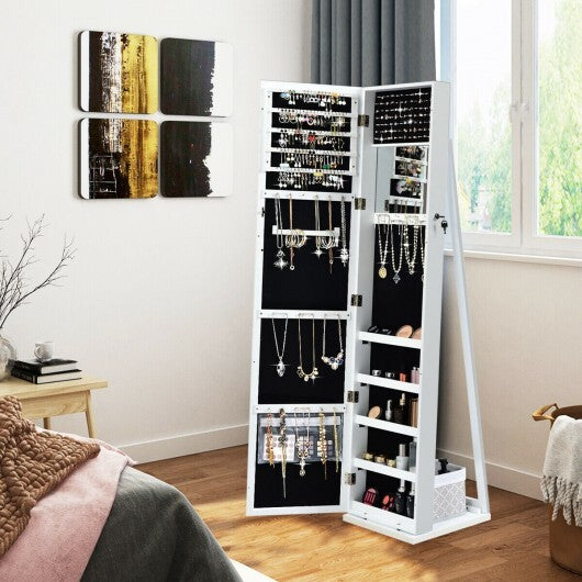 Standing Lockable Jewelry Storage Organizer with Full-Length Mirror-White - Color: White