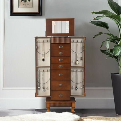 Wooden Jewelry Armoire Cabinet Storage Chest with Drawers and Swing Doors - Color: Brown