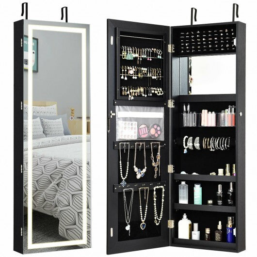 Mirrored Jewelry Armoire with Full Length Mirror and 2 Internal LED Lights-Black - Color: Black