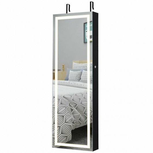 Mirrored Jewelry Armoire with Full Length Mirror and 2 Internal LED Lights-Black - Color: Black