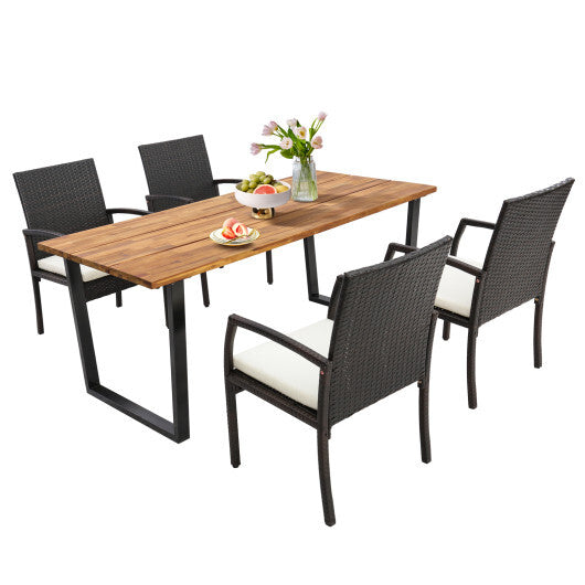 5 Pieces Patio Rattan Dining Set with Umbrella Hole and Seat Cushions