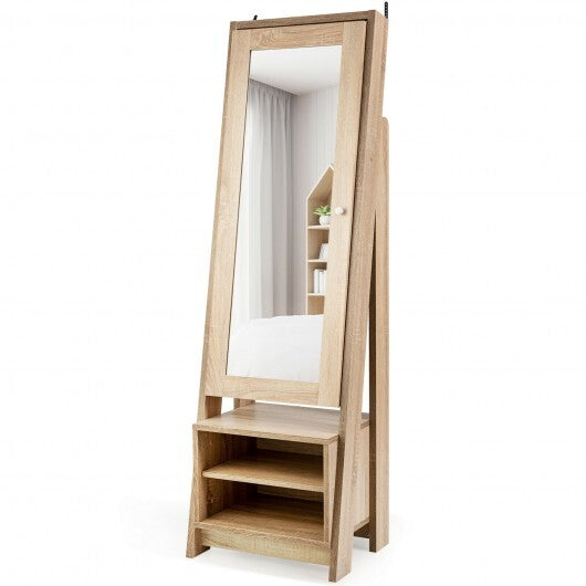 2-in-1 Wooden Cosmetics Storage Cabinet with Full-Length Mirror and Bottom Rack - Color: Natural