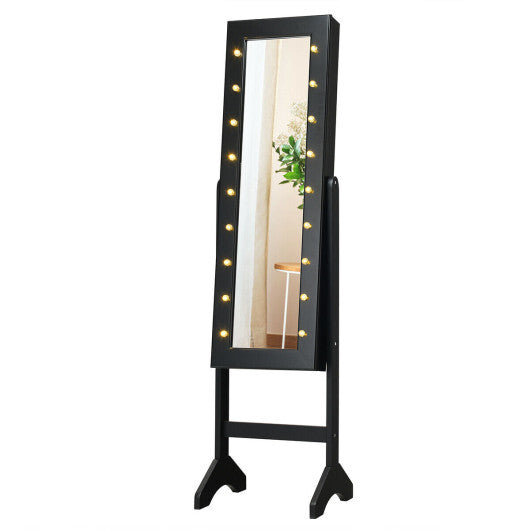 Mirrored Jewelry Cabinet Armoire Organizer w/ LED lights-Black - Color: Black