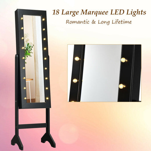 Mirrored Jewelry Cabinet Armoire Organizer w/ LED lights-Black - Color: Black