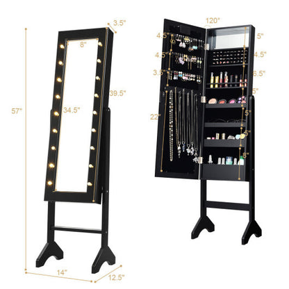 Mirrored Jewelry Cabinet Armoire Organizer w/ LED lights-Black - Color: Black