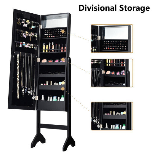 Mirrored Jewelry Cabinet Armoire Organizer w/ LED lights-Black - Color: Black