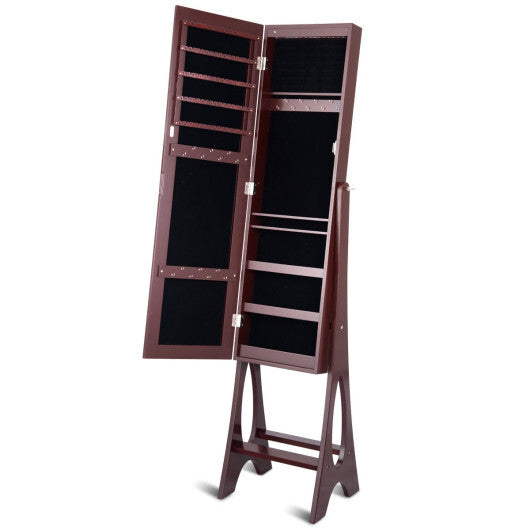 LED Jewelry Cabinet Armoire Organizer with Bevel Edge Mirror-Brown - Color: Brown