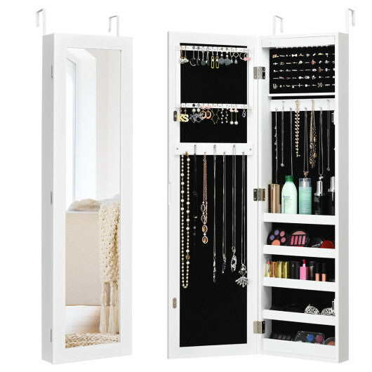 Wall And Door Mirrored Jewelry Cabinet With LED Light - Color: White