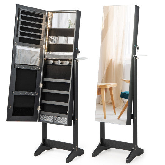 Freestanding Jewelry Cabinet with Full Length HD Mirror-Black - Color: Black