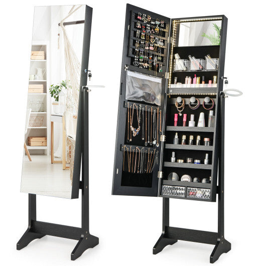 Freestanding Jewelry Cabinet with Full Length HD Mirror-Black - Color: Black