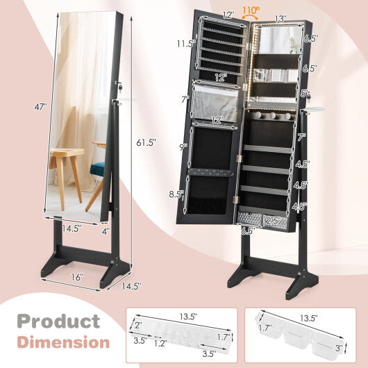 Freestanding Jewelry Cabinet with Full Length HD Mirror-Black - Color: Black