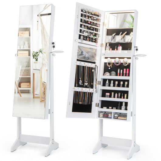 Freestanding Jewelry Cabinet with Full Length HD Mirror-White - Color: White