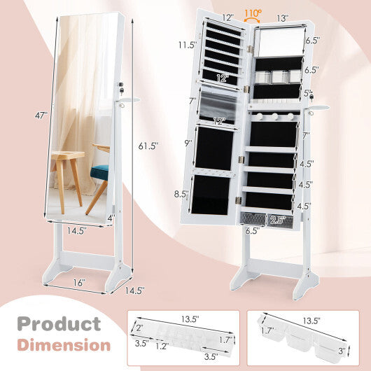 Freestanding Jewelry Cabinet with Full Length HD Mirror-White - Color: White