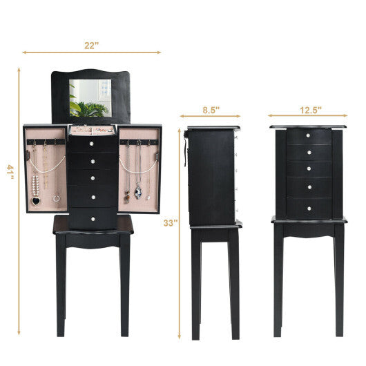 Jewelry Armoire with Top Flip Mirror and 4 Drawers - Color: Black