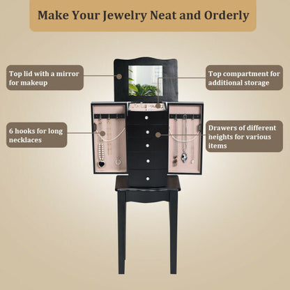 Jewelry Armoire with Top Flip Mirror and 4 Drawers - Color: Black