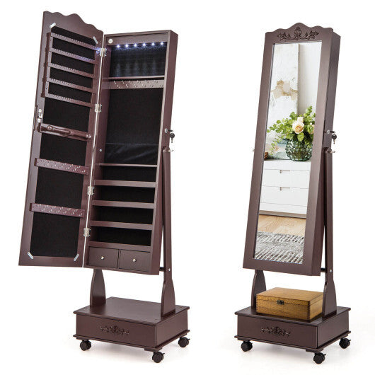 Rolling Floor Standing Mirrored Jewelry Armoire with Lock and Drawers-Brown - Color: Brown