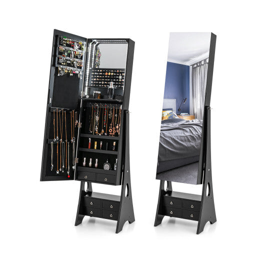 Freestanding Full Length LED Mirrored Jewelry Armoire with 6 Drawers-Black - Color: Black