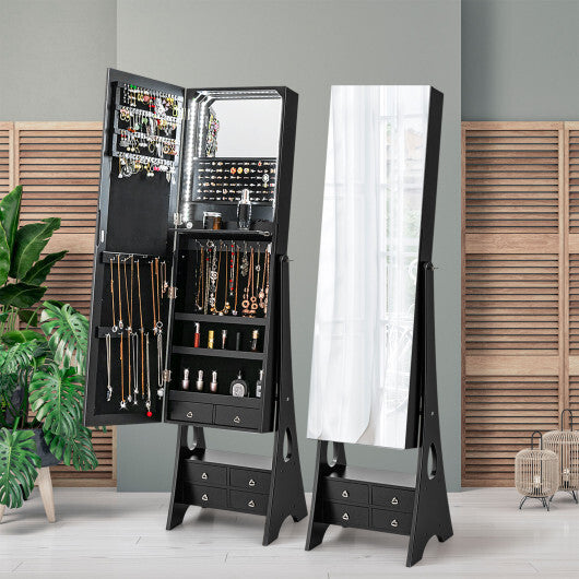 Freestanding Full Length LED Mirrored Jewelry Armoire with 6 Drawers-Black - Color: Black