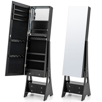 Freestanding Full Length LED Mirrored Jewelry Armoire with 6 Drawers-Black - Color: Black