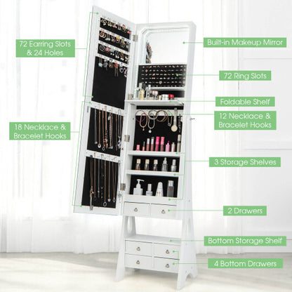 Freestanding Full Length LED Mirrored Jewelry Armoire with 6 Drawers-White - Color: White