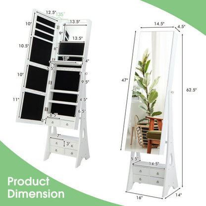 Freestanding Full Length LED Mirrored Jewelry Armoire with 6 Drawers-White - Color: White