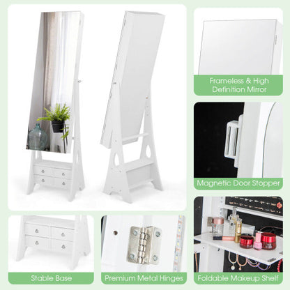 Freestanding Full Length LED Mirrored Jewelry Armoire with 6 Drawers-White - Color: White