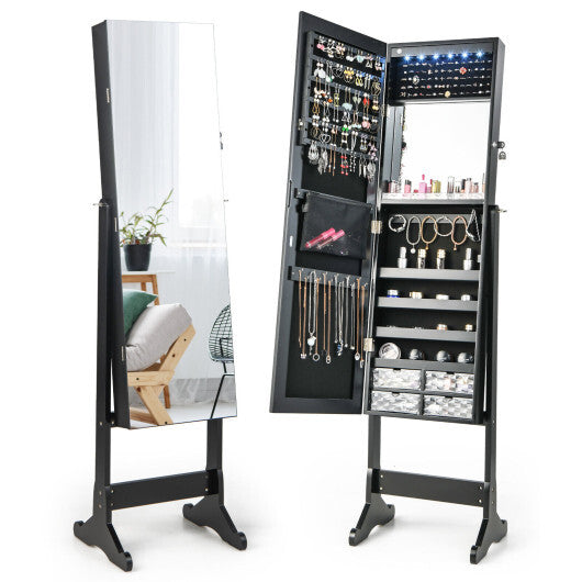 Free Standing Full Length Jewelry Armoire with Lights-Black - Color: Black