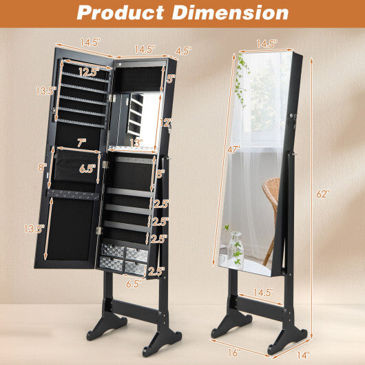 Free Standing Full Length Jewelry Armoire with Lights-Black - Color: Black