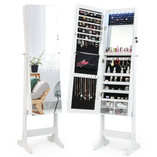 Free Standing Full Length Jewelry Armoire with LED Lights-White - Color: White