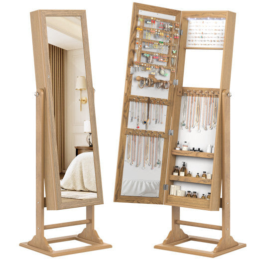 Freestanding Lockable Jewelry Armoire with Full-Length Mirror and 6 LED Lights-Natural - Color: Natural