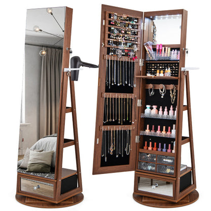 Lockable 360? Swivel Jewelry Cabinet with Full-Length Mirror LED Lights-Walnut - Color: Walnut