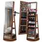 Lockable 360? Swivel Jewelry Cabinet with Full-Length Mirror LED Lights-Walnut - Color: Walnut