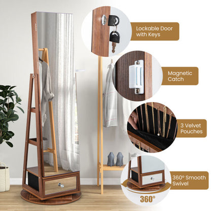 Lockable 360? Swivel Jewelry Cabinet with Full-Length Mirror LED Lights-Walnut - Color: Walnut