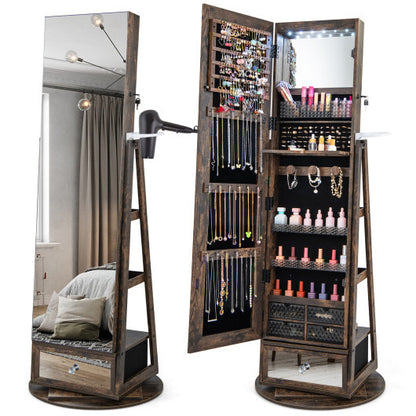 Lockable 360? Swivel Jewelry Cabinet with Full-Length Mirror LED Lights-Rustic Brown - Color: Rustic Brown