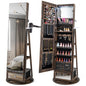 Lockable 360? Swivel Jewelry Cabinet with Full-Length Mirror LED Lights-Rustic Brown - Color: Rustic Brown