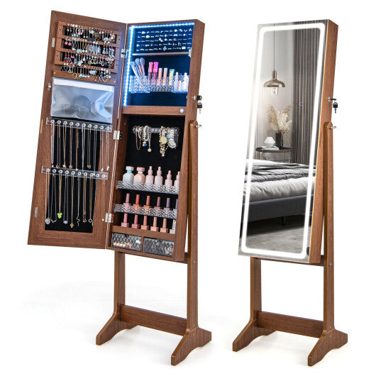 Lockable Jewelry Armoire Standing Cabinet with Lighted Full-Length Mirror-Walnut - Color: Walnut