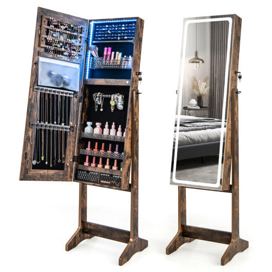 Lockable Jewelry Armoire Standing Cabinet with Lighted Full-Length Mirror-Rustic Brown - Color: Rustic Brown