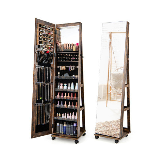 64 Inches Lockable Jewelry Cabinet Armoire with Built-in Makeup Mirror-Coffee - Color: Coffee