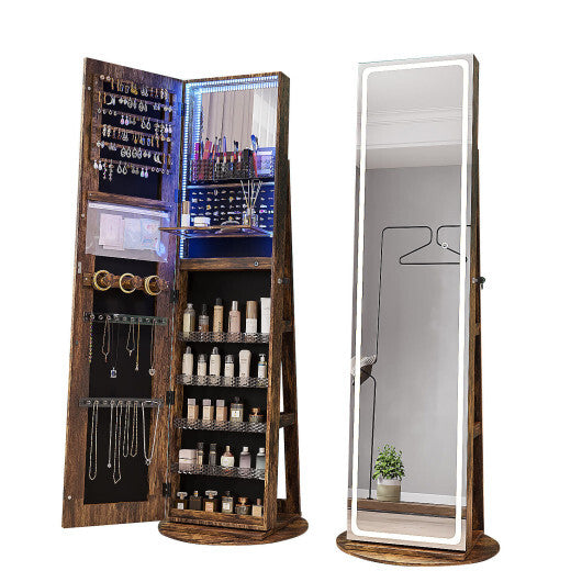 Standing Jewelry Cabinet with Adjustable LED Lights-Coffee - Color: Coffee