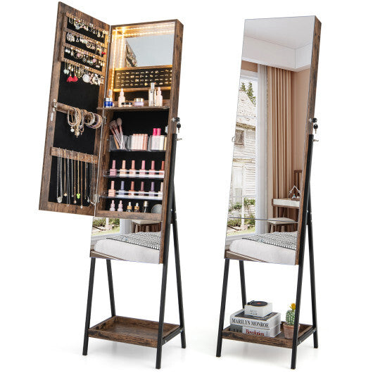 Lockable Freestanding Jewelry Organizer with Full-Length Frameless Mirror-Rustic Brown - Color: Rustic Brown