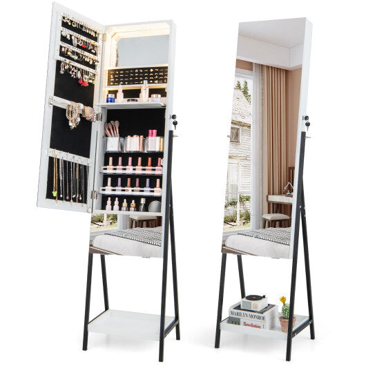 Lockable Freestanding Jewelry Organizer with Full-Length Frameless Mirror-White - Color: White